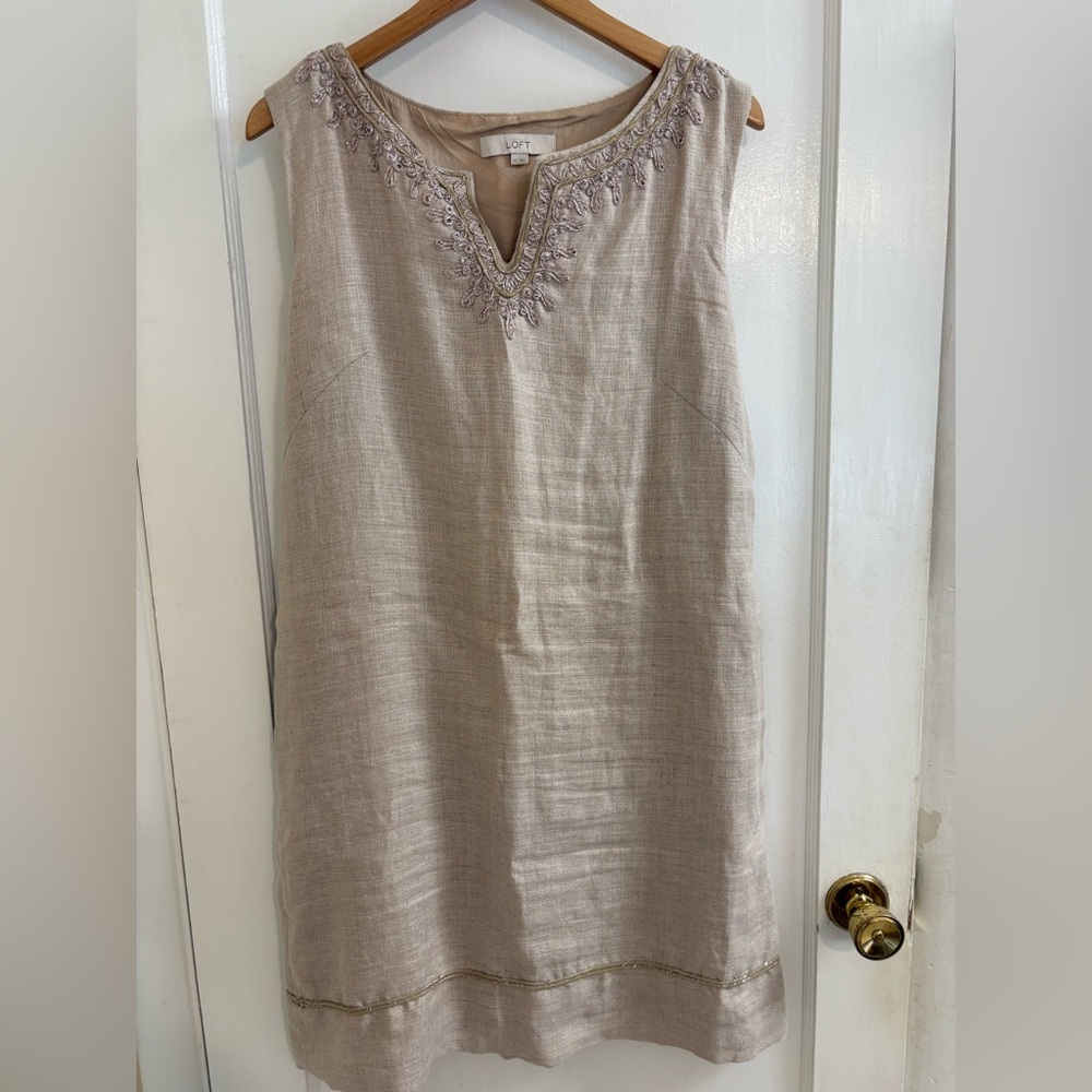 LOFT Taupe Embroidered Sleeveless Dress